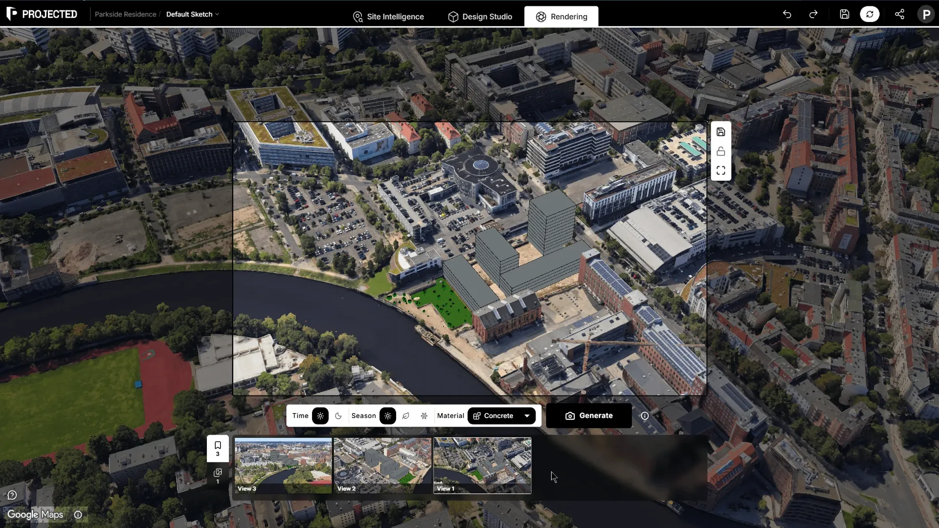 The Rendering workspace: the design placed in the photorealistic city map, with the view, style and capture toolbars.