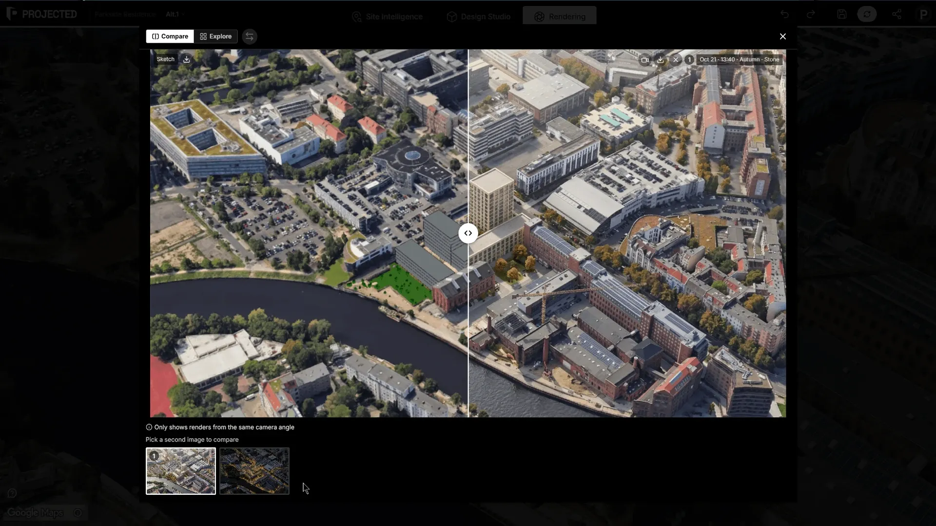 A generated render next to the sketch it was made from, in the comparison slider.