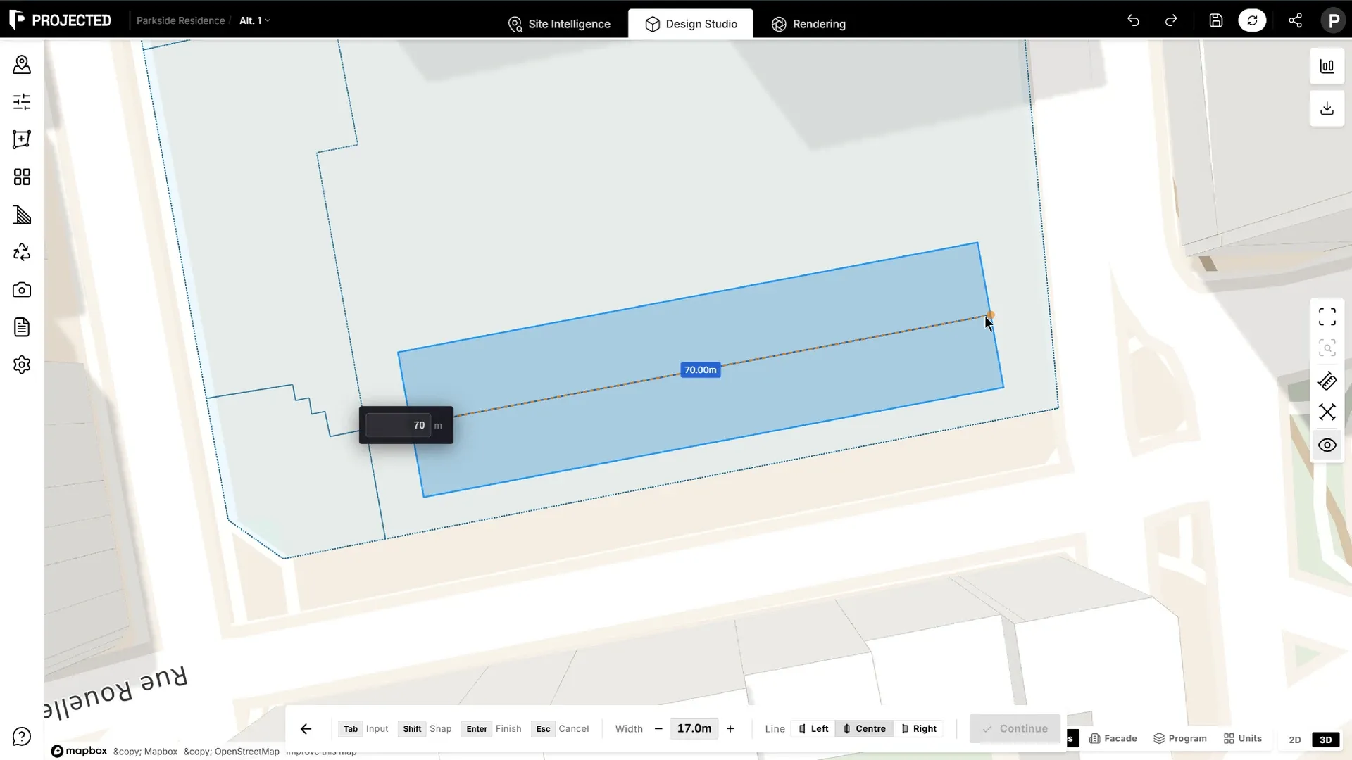 Drawing a building: the spine, the width preview and the Add Building toolbar with Line, Width and Snap.