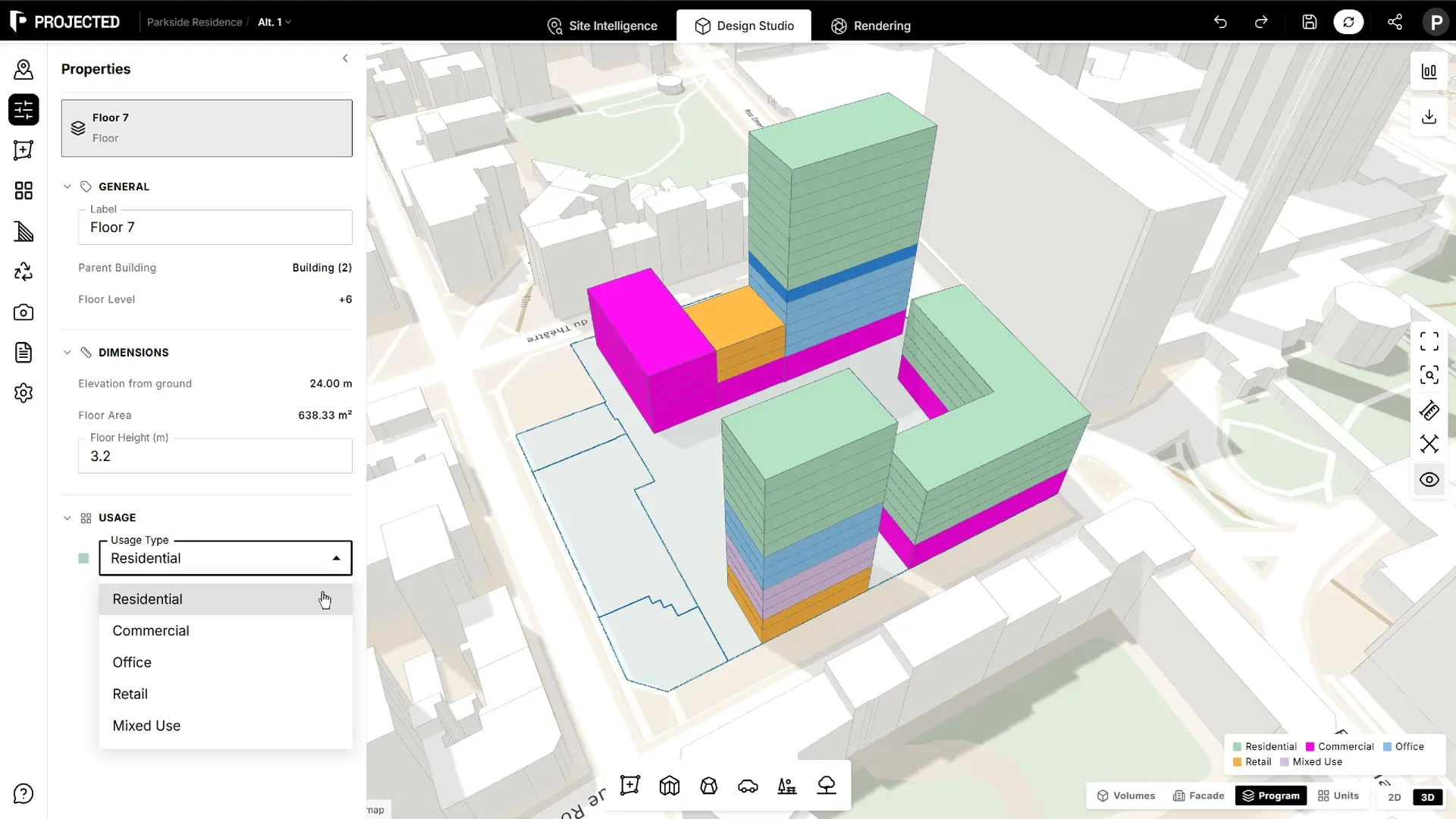 The Program view: a mixed-use building with retail on the ground floor and residential above.