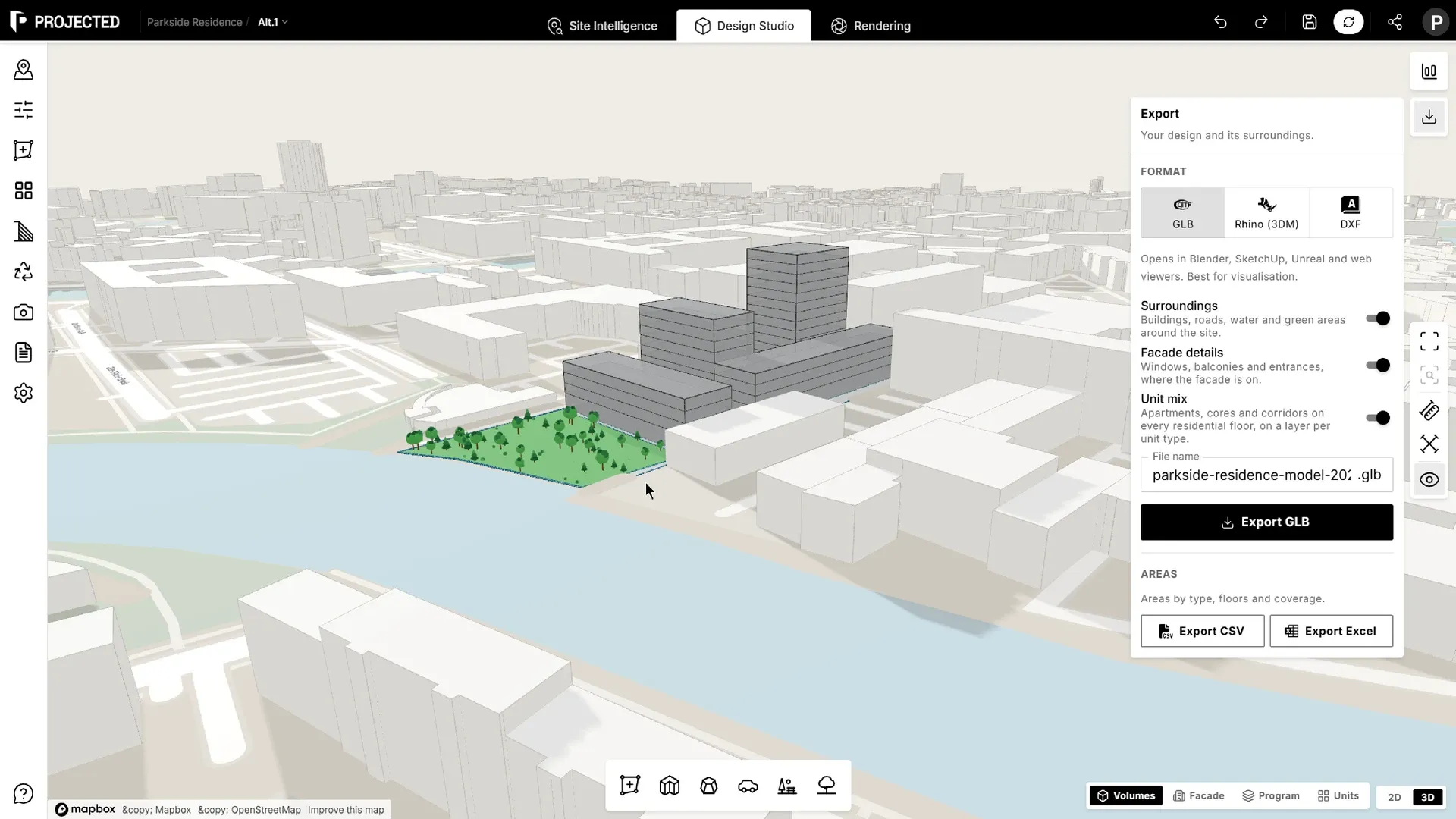 The Export dialog with the format choices, the Surroundings, Facade details and Unit mix options, and the file name.