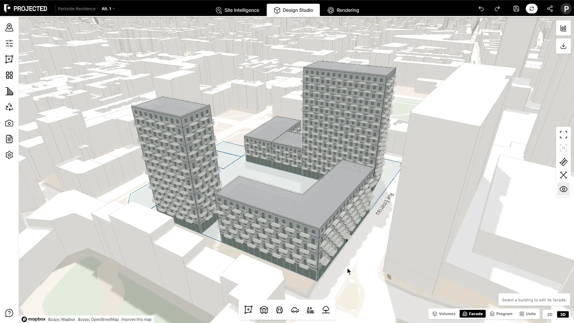 The Facade view: a residential building with punched windows, alternating balconies and a ground-floor shopfront.