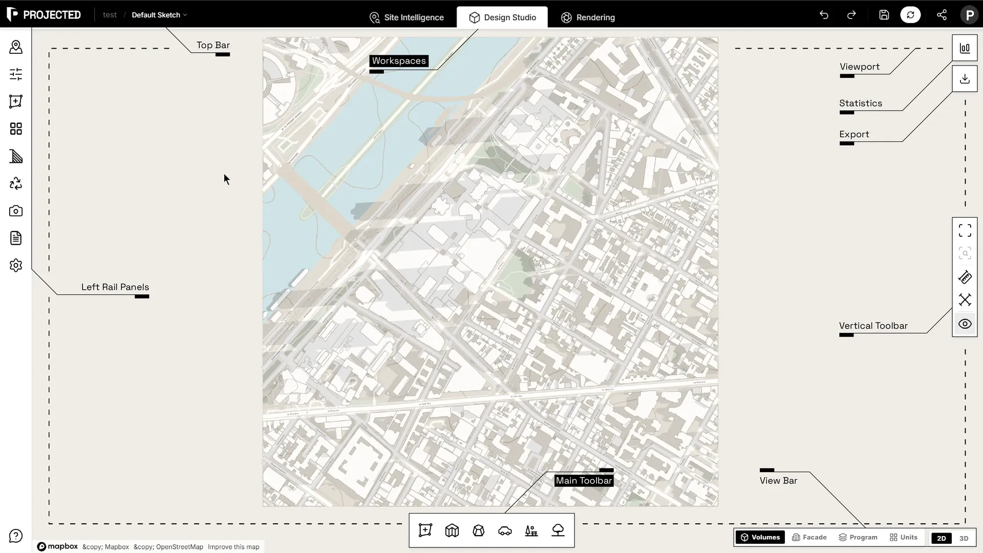 The editor with each area labelled: top bar, left rail, panel, viewport, main toolbar, view bar, statistics.