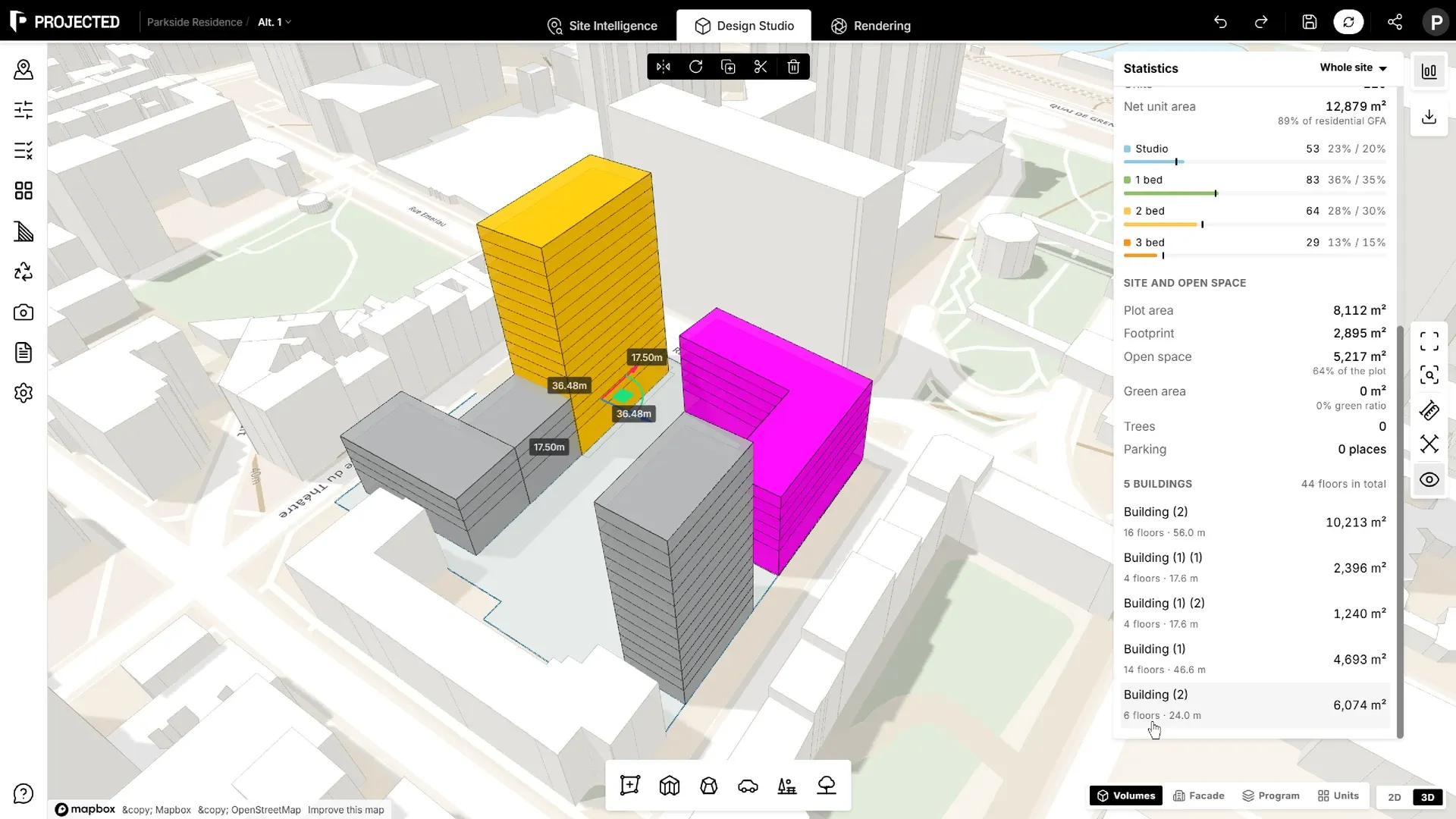 The editor in Design Studio: a site with plots, buildings and the Statistics panel.