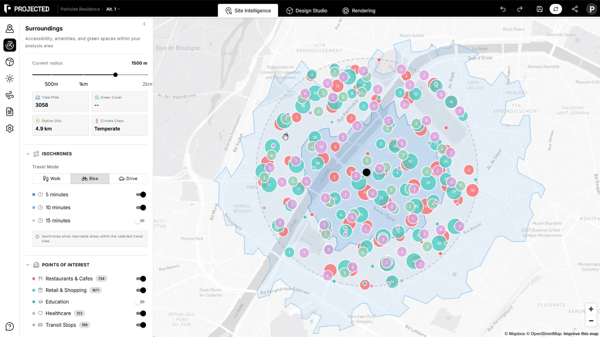 The Site Intelligence workspace: the map with the analysis radius and the Surroundings panel open.