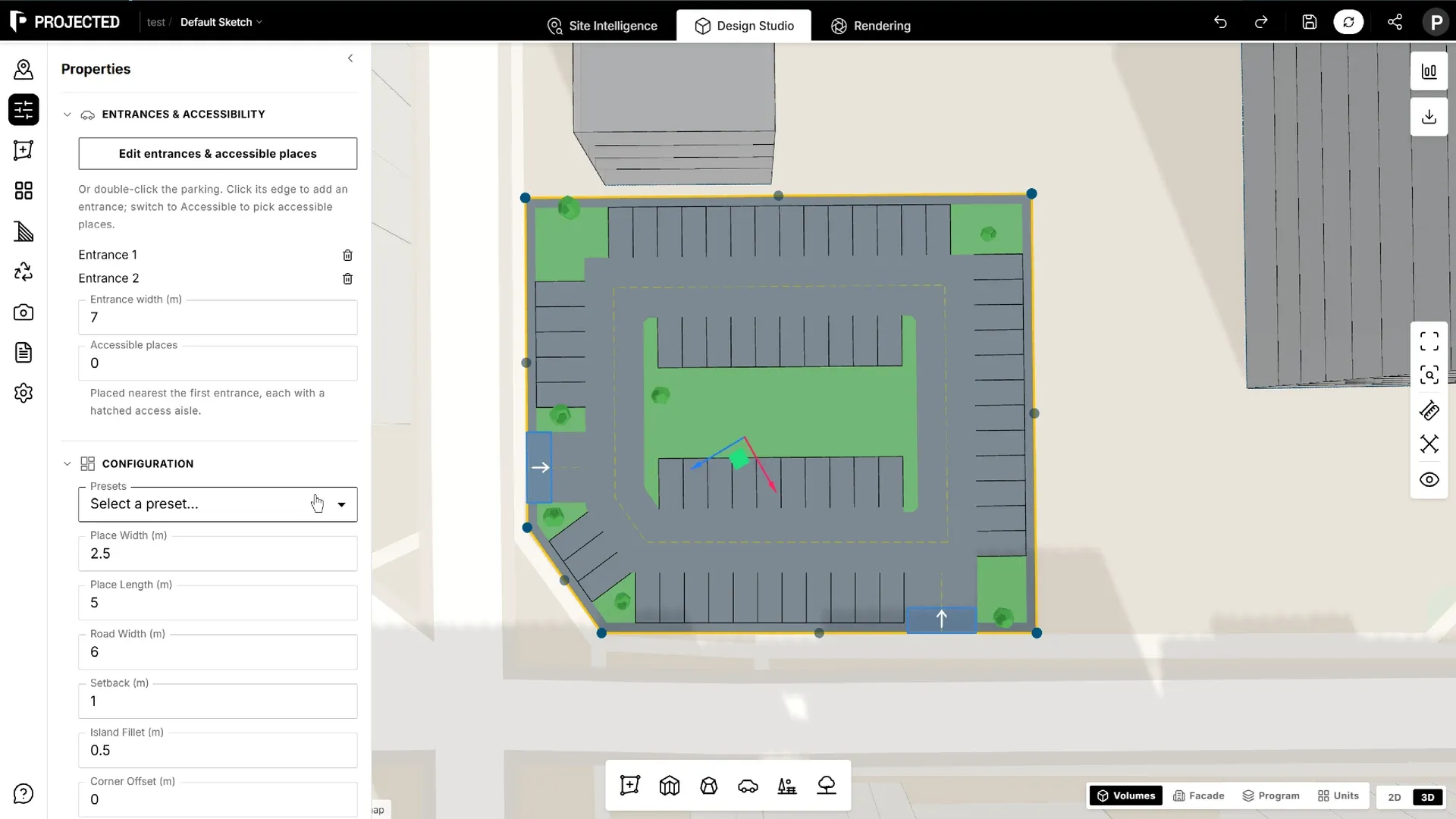 A parking area with its generated places, aisles, green islands, an entrance and accessible places.