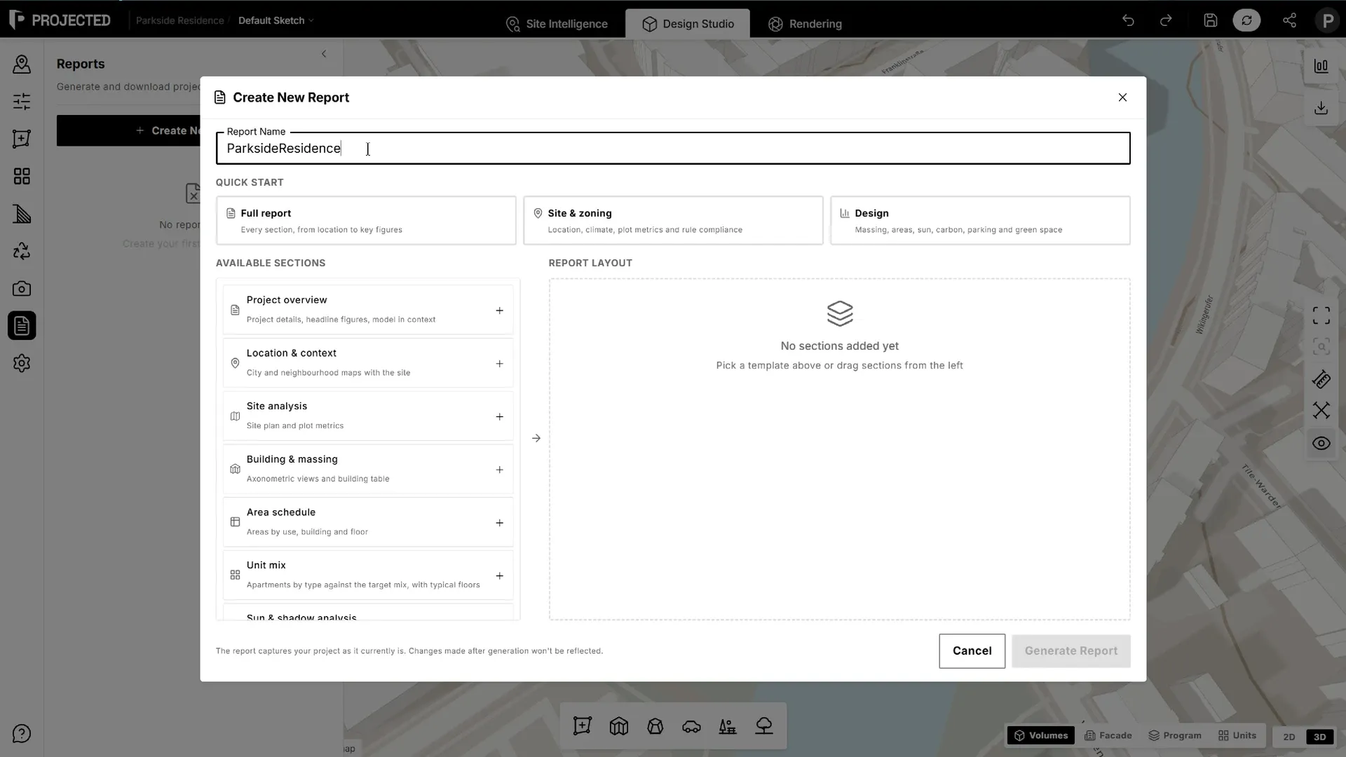 The Create New Report dialog: presets at the top, available sections on the left, the report layout on the right.