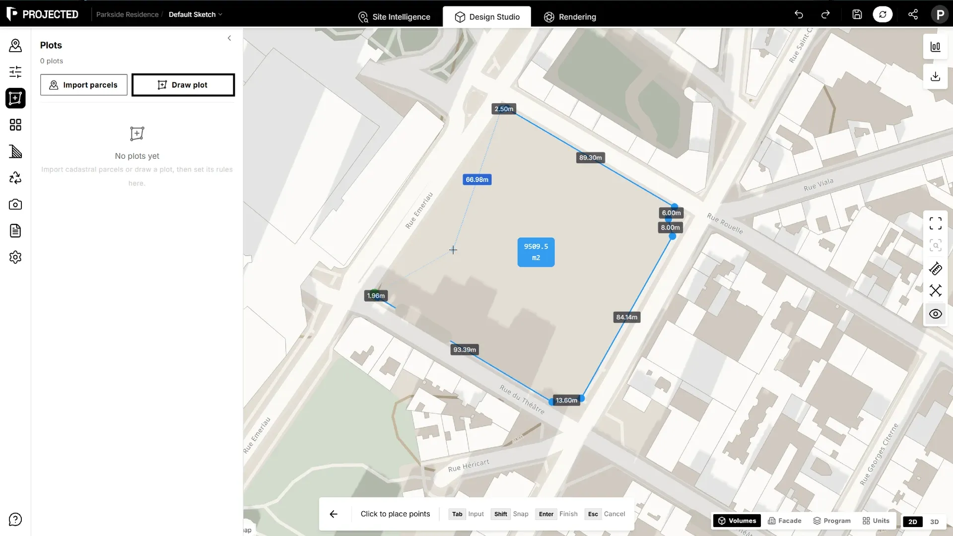 Drawing a plot: placed corners, the preview segment and the Add Plot toolbar with Snap and Input.