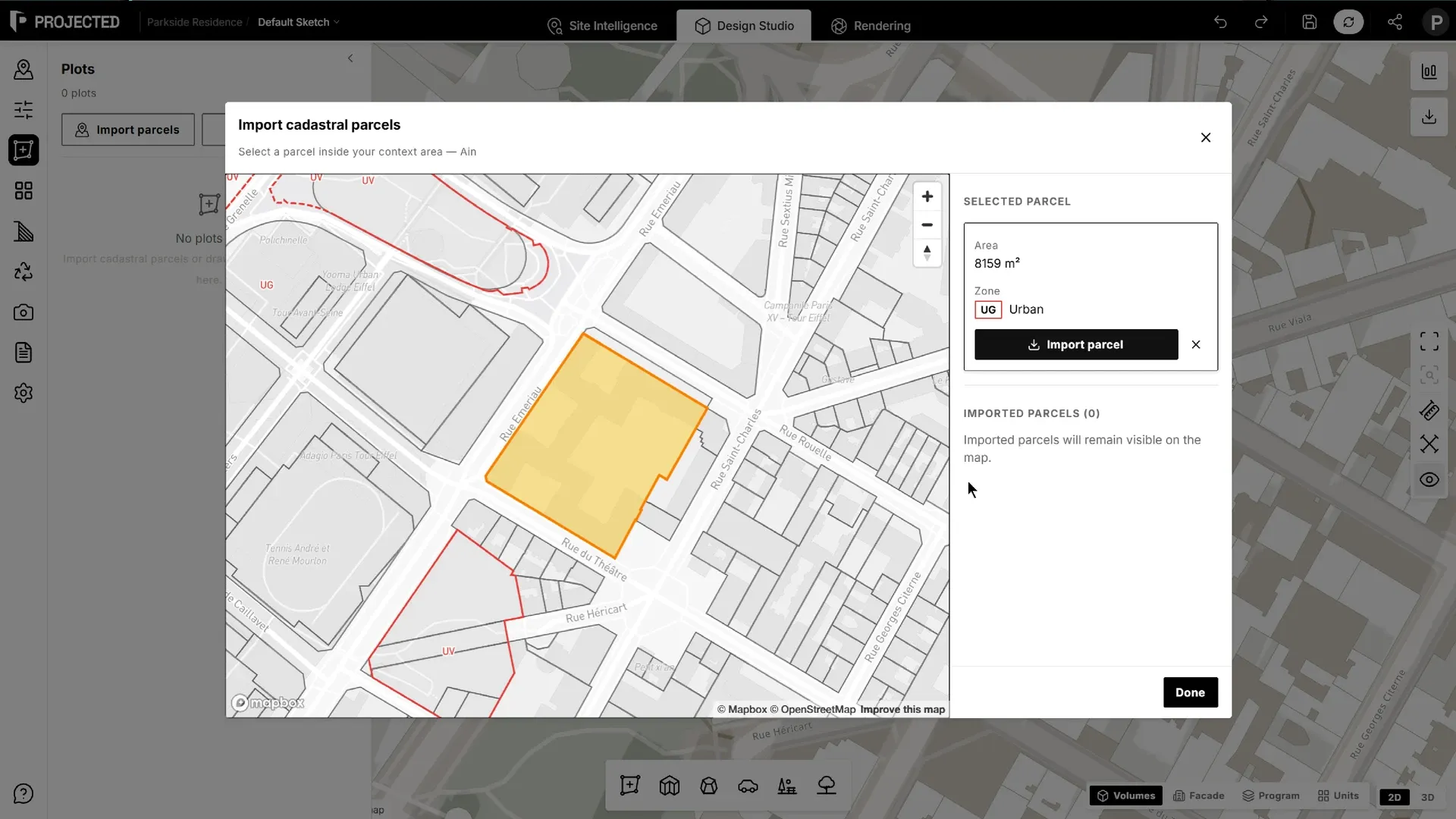 The Import cadastral parcels dialog with a selected parcel and its area.
