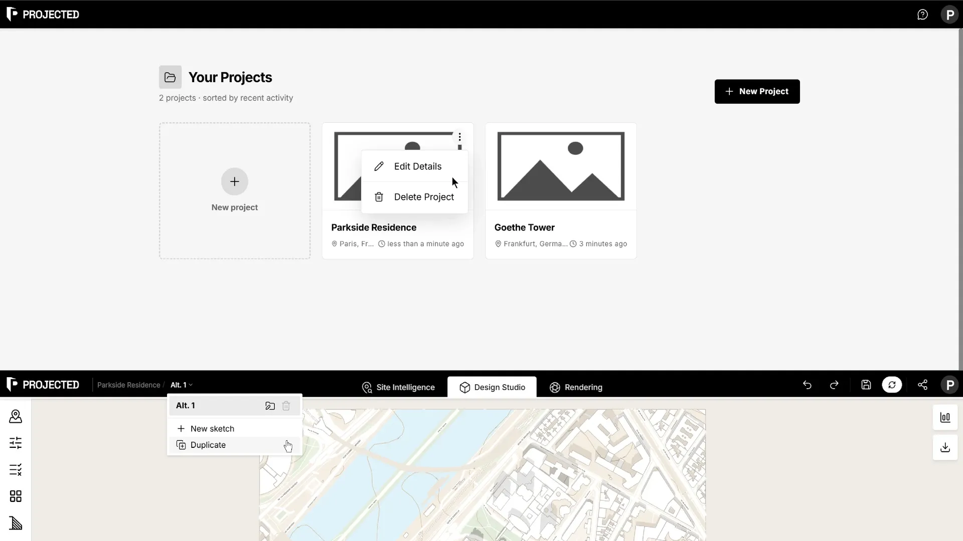 The dashboard projects grid with the New Project button and a project's actions menu.