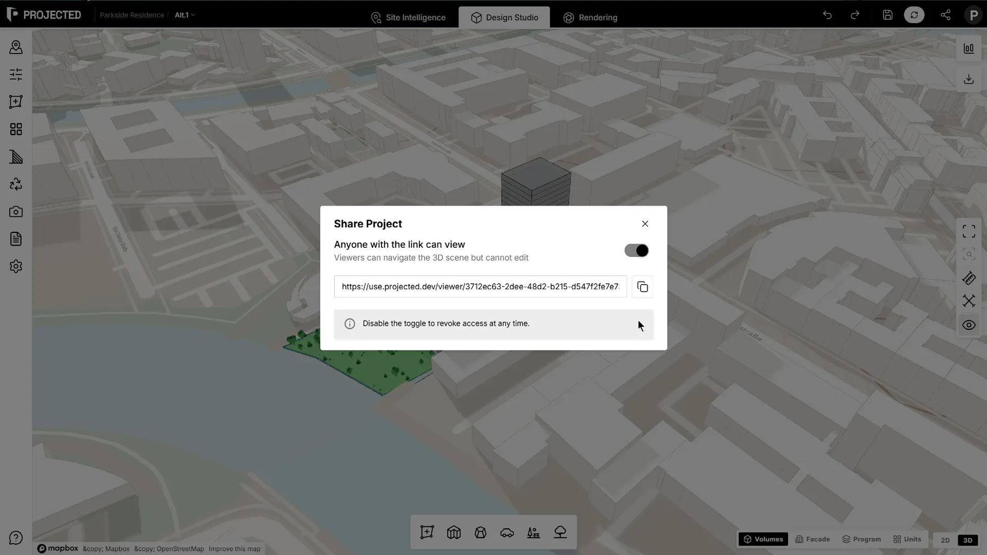 The Share Project dialog with sharing enabled and the link ready to copy.