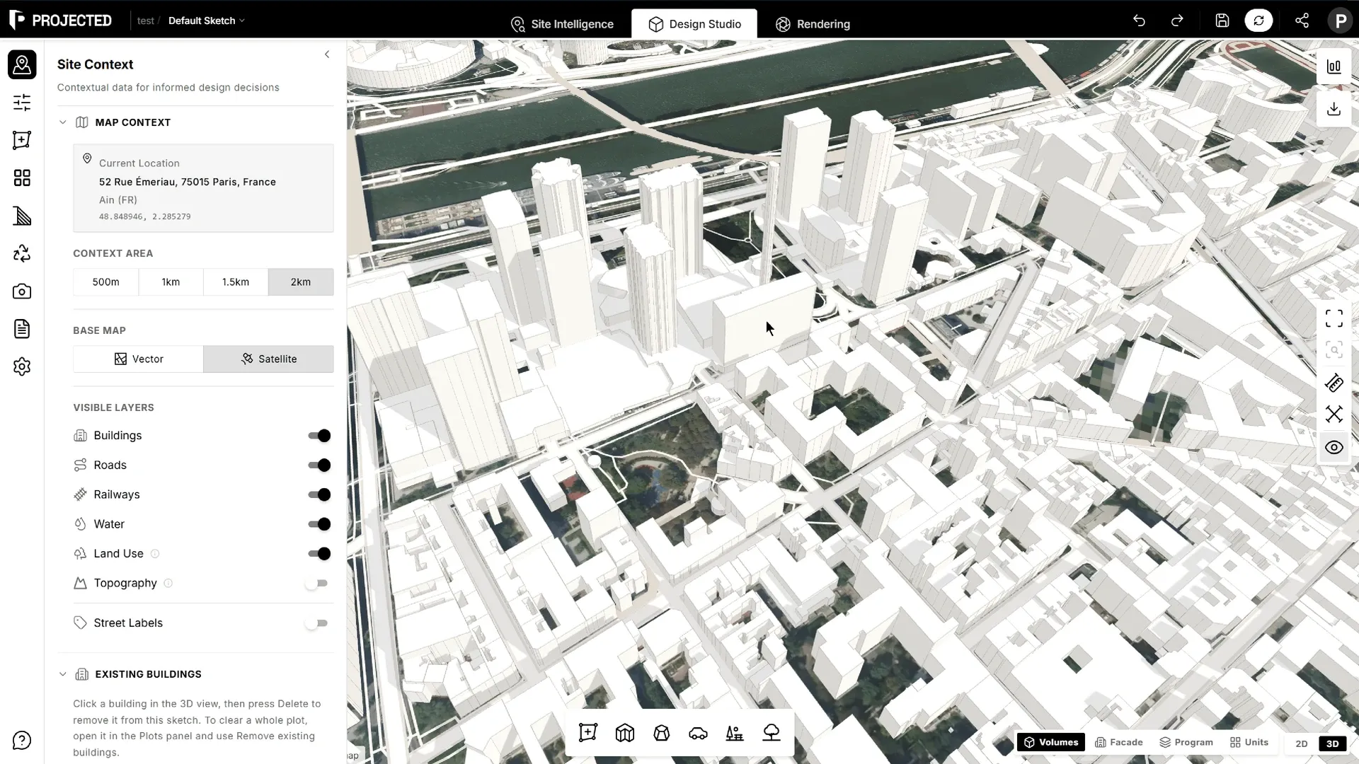The Site Context panel: current location, context area, base map and visible layers.