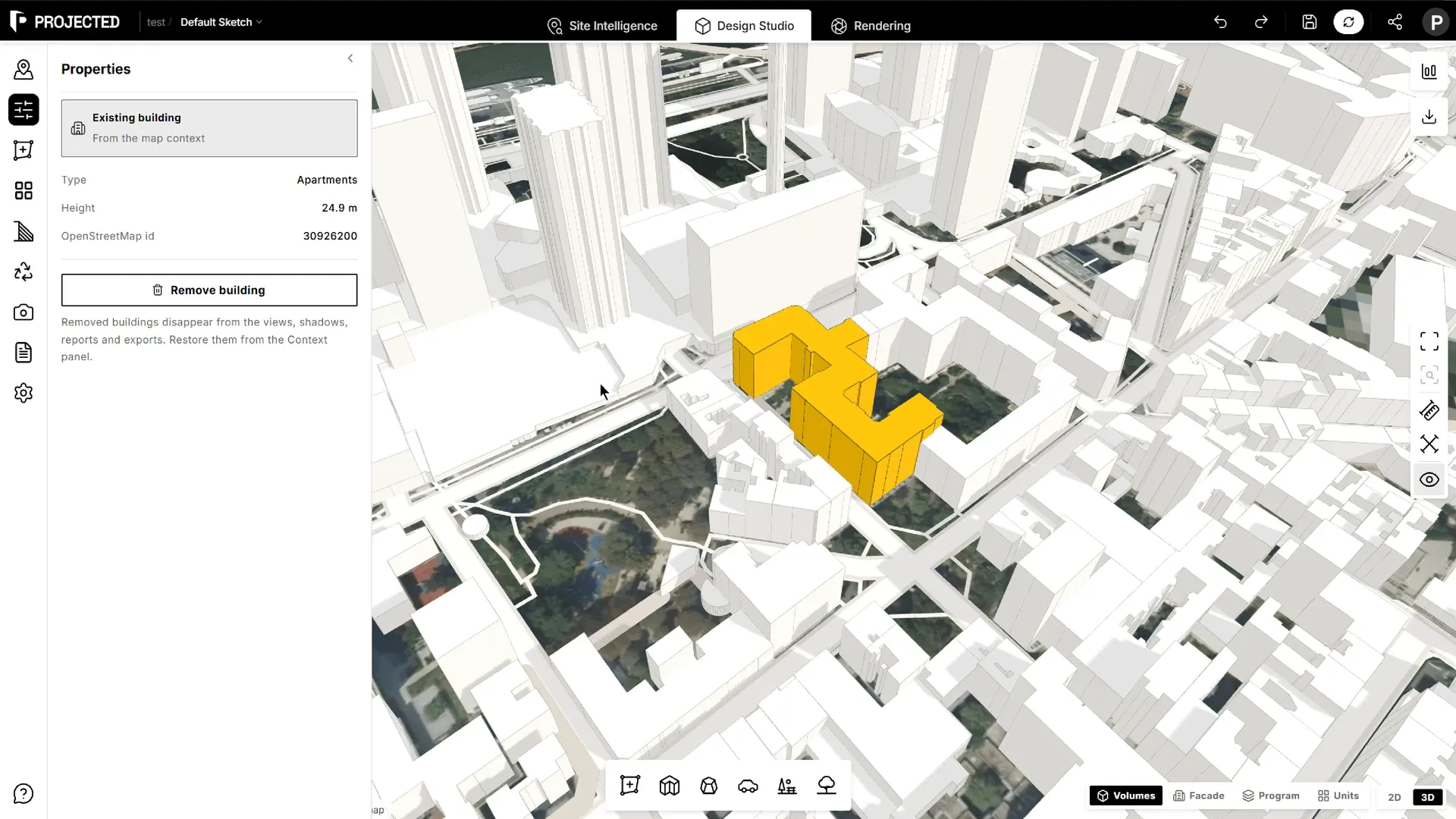 A selected existing building highlighted in the 3D view, with its details in Properties.