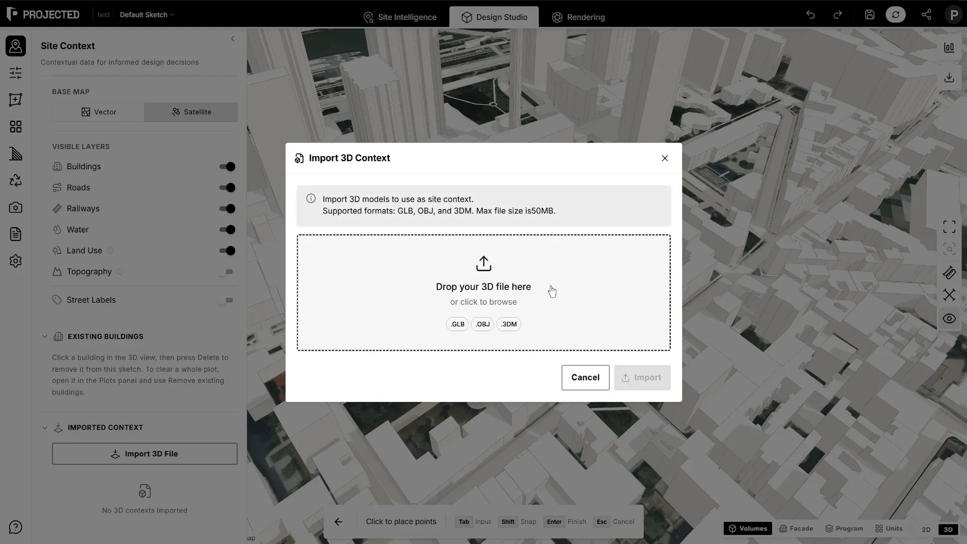 The Import 3D Context dialog, with the drop zone for GLB, OBJ and 3DM files.