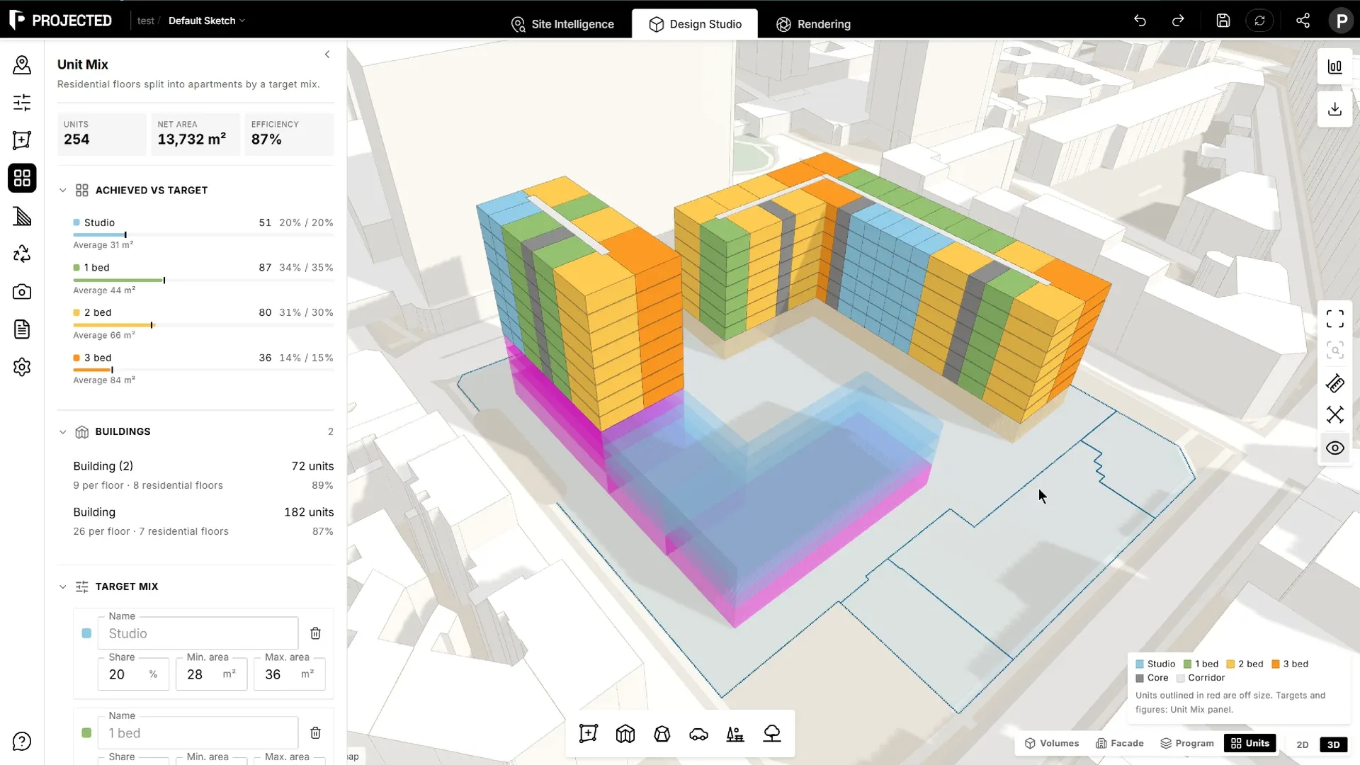 The Units view: an L-shaped building with its residential floors split into units coloured by type, and the Unit Mix panel on the left.
