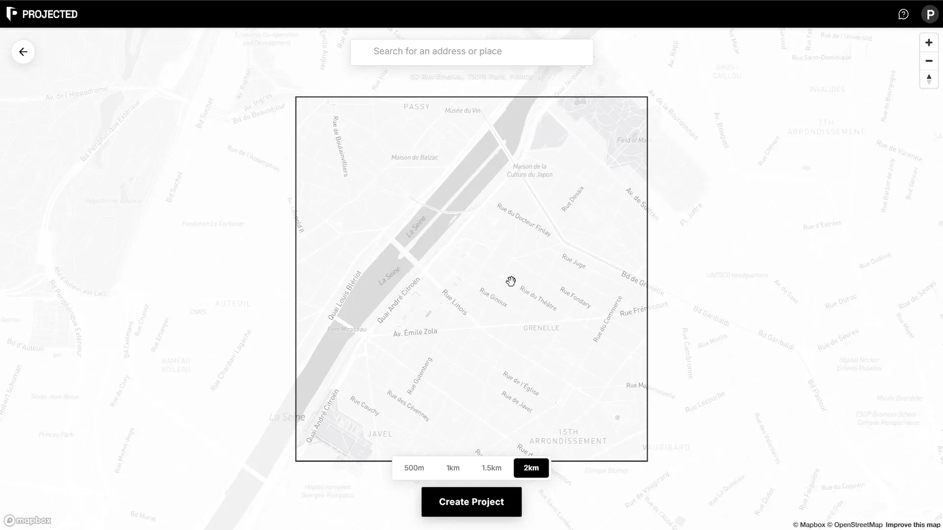 The New Project location step: address search, map marker and context area options.